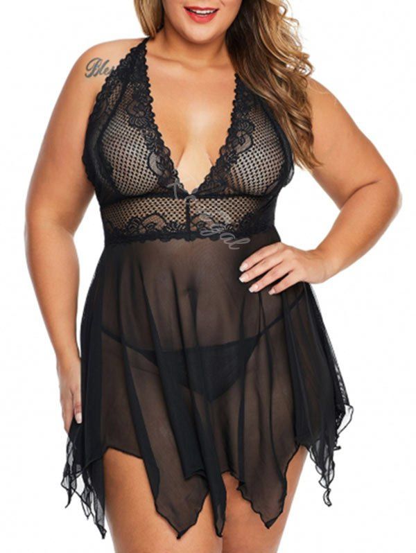 

Tie Back Lace Panel Sheer Mesh Plus Size Babydoll With T Back, Black