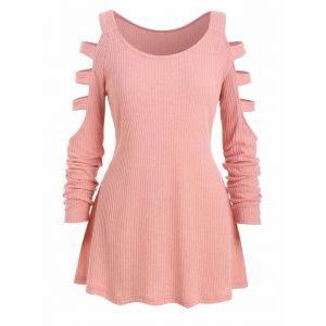 

Plus Size Ladder Cutout Ribbed Tunic Knitwear, Pink