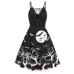 

Lace Up Pumpkin Bat Halloween Flare Dress, Black