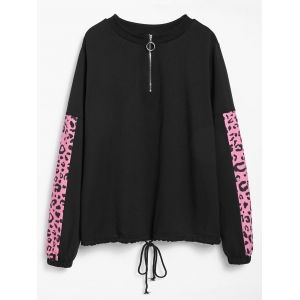 

Plus Size Drawstring Half Zipper Leopard Print Sports Sweatshirt, Black
