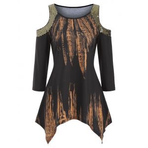 

Sequined Open Shoulder Feather Print Handkerchief Top, Black