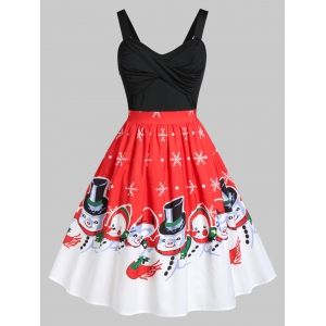 

Plus Size Vintage Twist Snowman Print Christmas Party Dress, Red