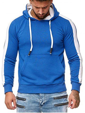 Contraste Trim Spliced ​​Pullover Kangaroo Pocket Sudadera con capucha - BLUE - 2XL
