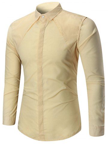 Long Sleeve Solid Color Button Slim Fit Shirt - KHAKI - L