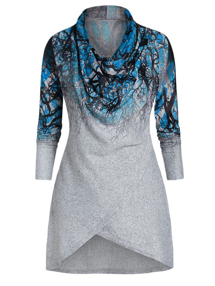 

Long Sleeve Cowl Neck Printed T Shirt, Cadetblue