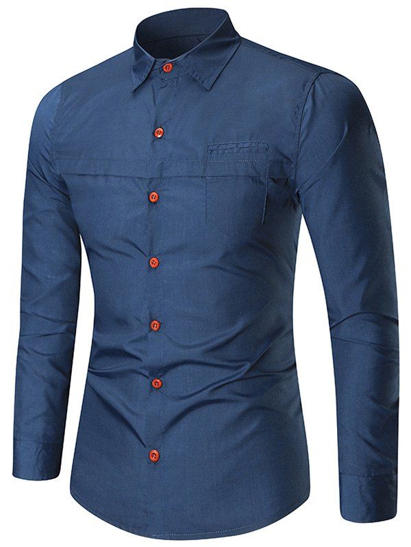 

Solid Color Faux Pocket Long Sleeve Button Shirt, Cadetblue