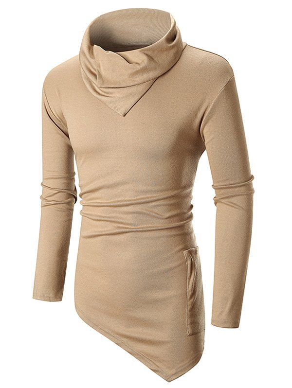 

Asymmetric Hem Solid Color Pocket Long T-shirt, Khaki