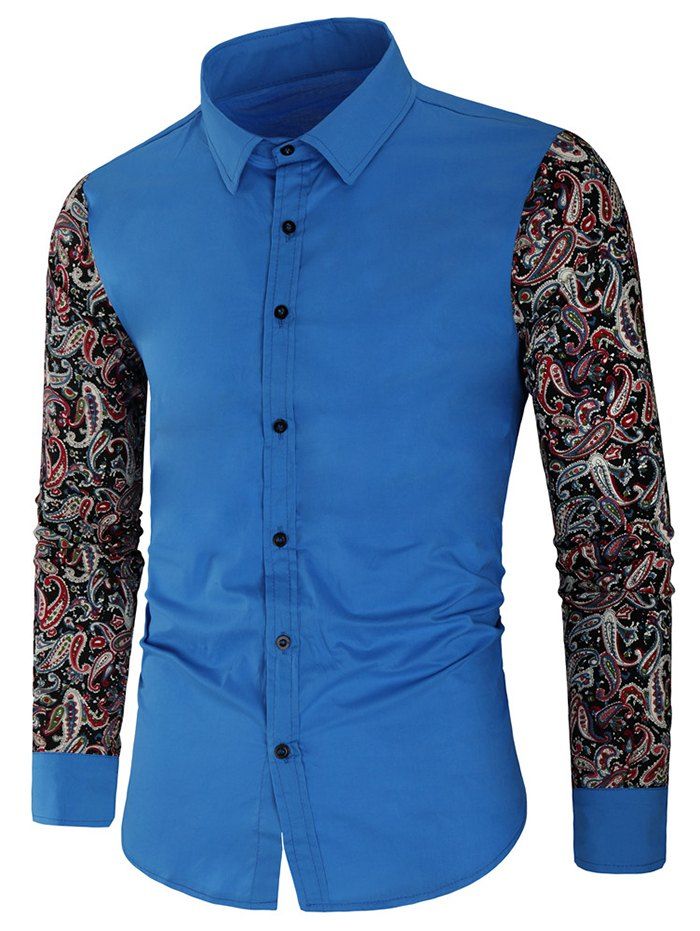

Vintage Floral Printed Splicing Long-sleeved Shirt, Silk blue