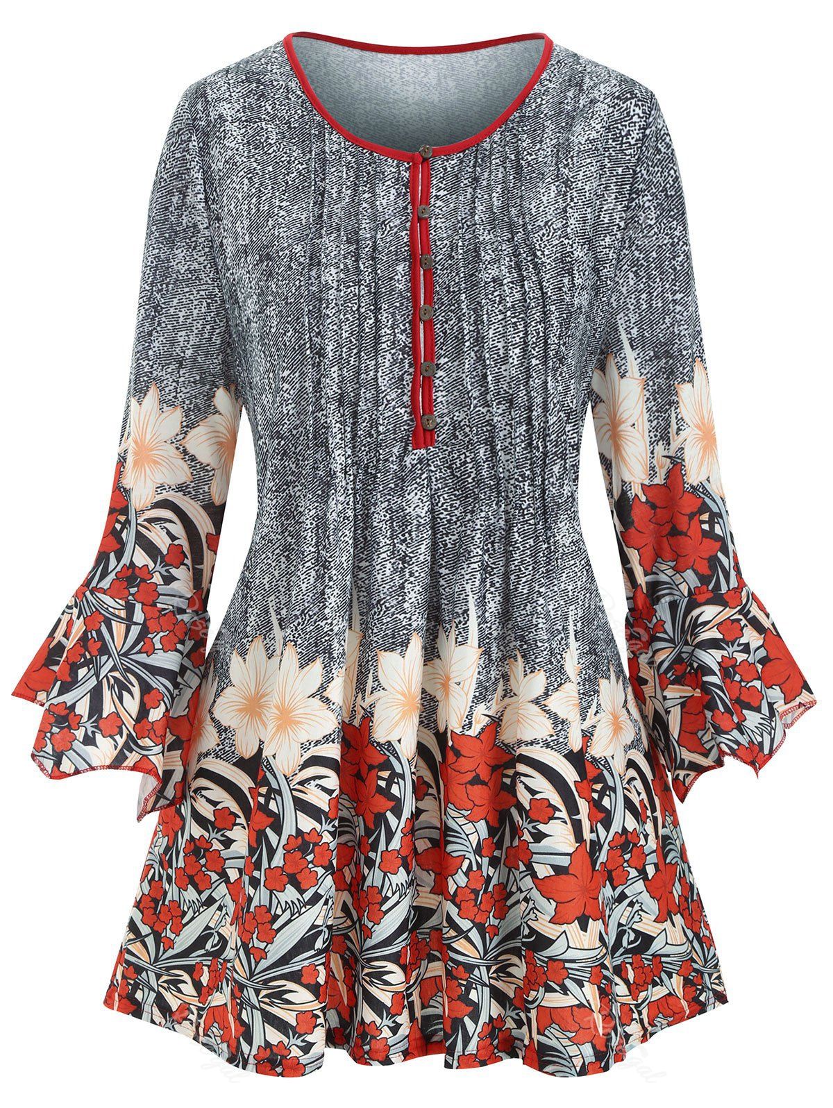 

Plus Size Poet Sleeve Half Buttons Floral T Shirt, Red