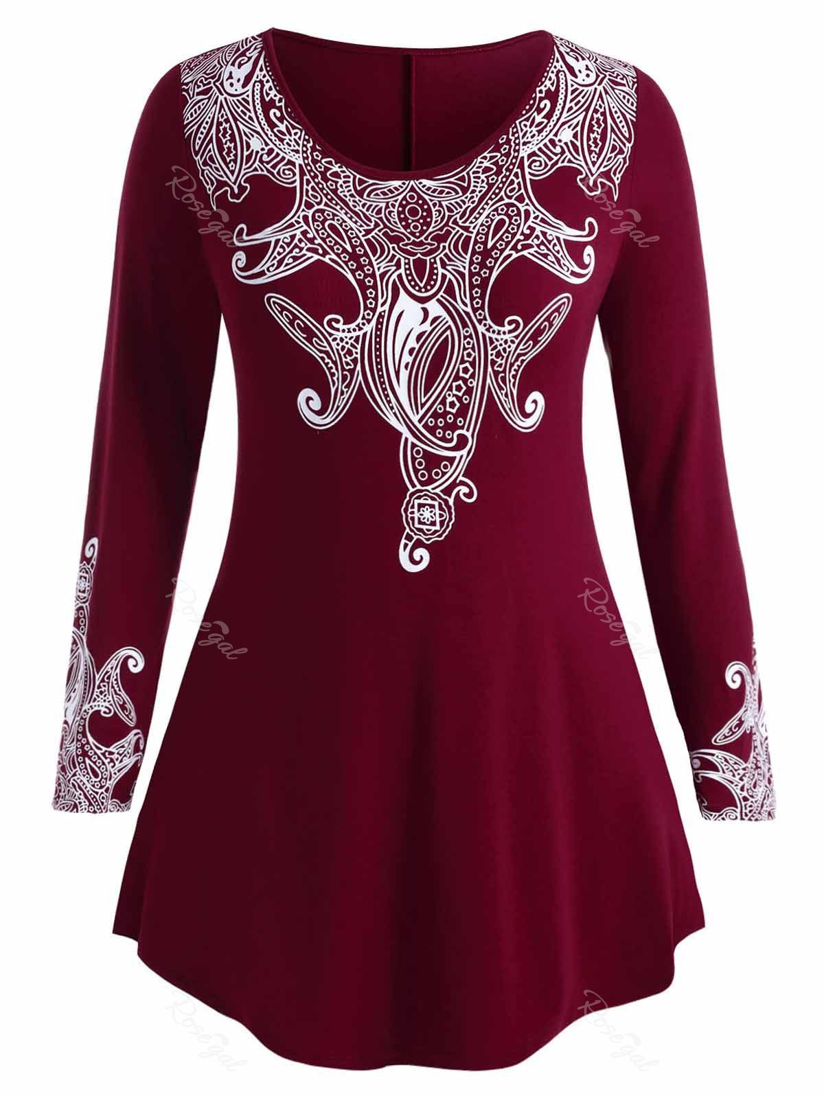 

Plus Size Patterned Long Sleeve Tunic Top, Red wine