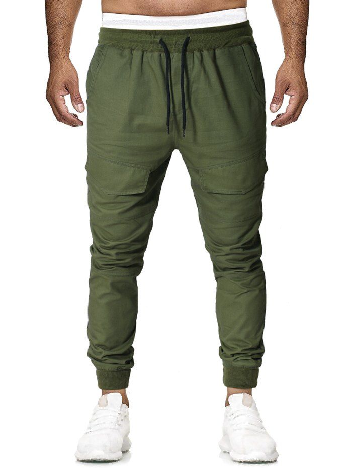 

Long Elastic Spliced Drawsting Casual Jogger Pants, Army green