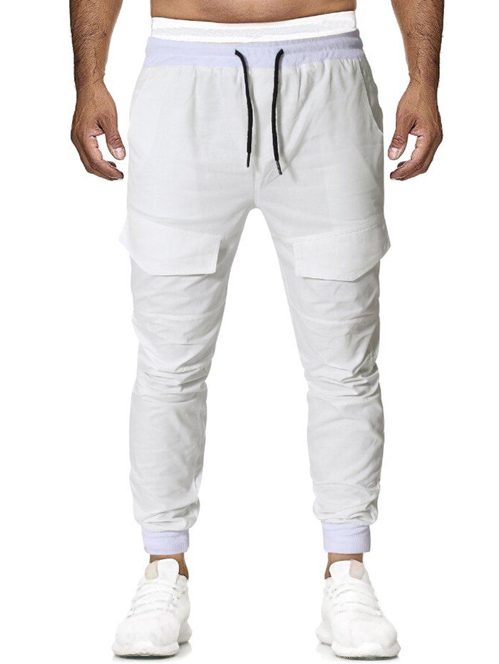 

Long Elastic Spliced Drawsting Casual Jogger Pants, White