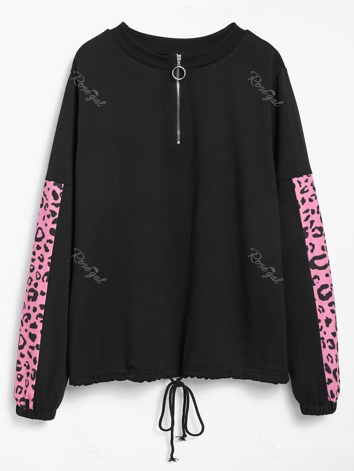 

Plus Size Drawstring Half Zipper Leopard Print Sports Sweatshirt, Black
