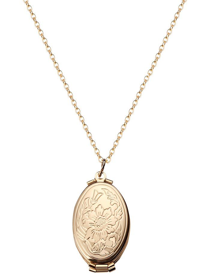 

Oval Engraved Floral Photo Locket Necklace, Gold