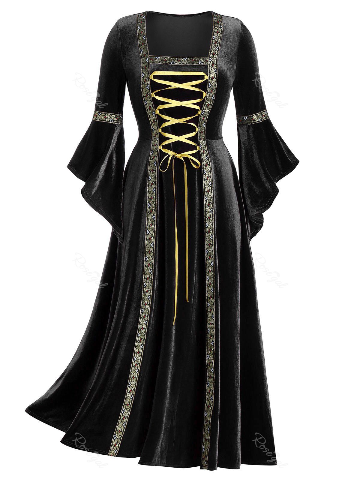 

Plus Size Flare Sleeve Lace Up Velvet Gothic Maxi Dress, Black