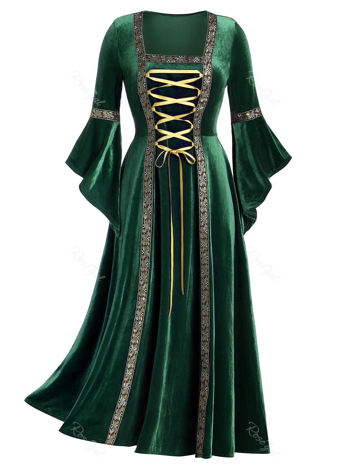 

Plus Size Flare Sleeve Lace Up Velvet Gothic Maxi Dress, Deep green