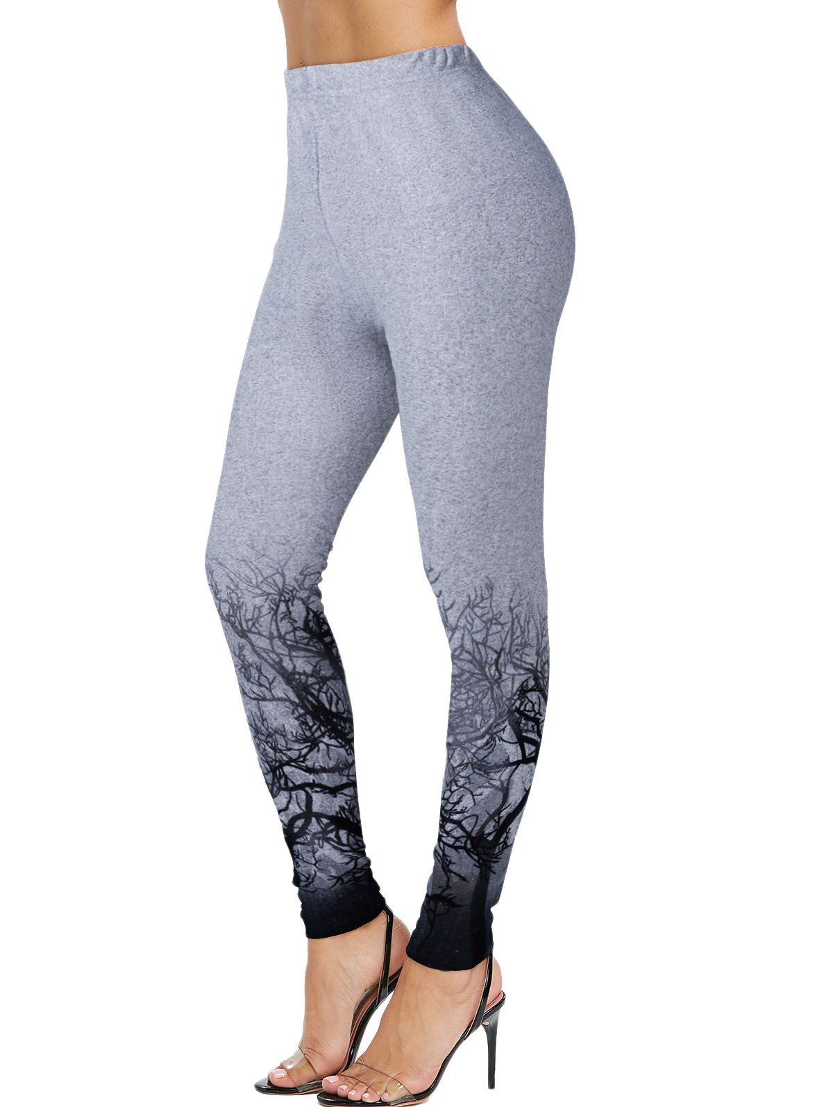

High Waist Tree Print Skinny Pants, Blue gray