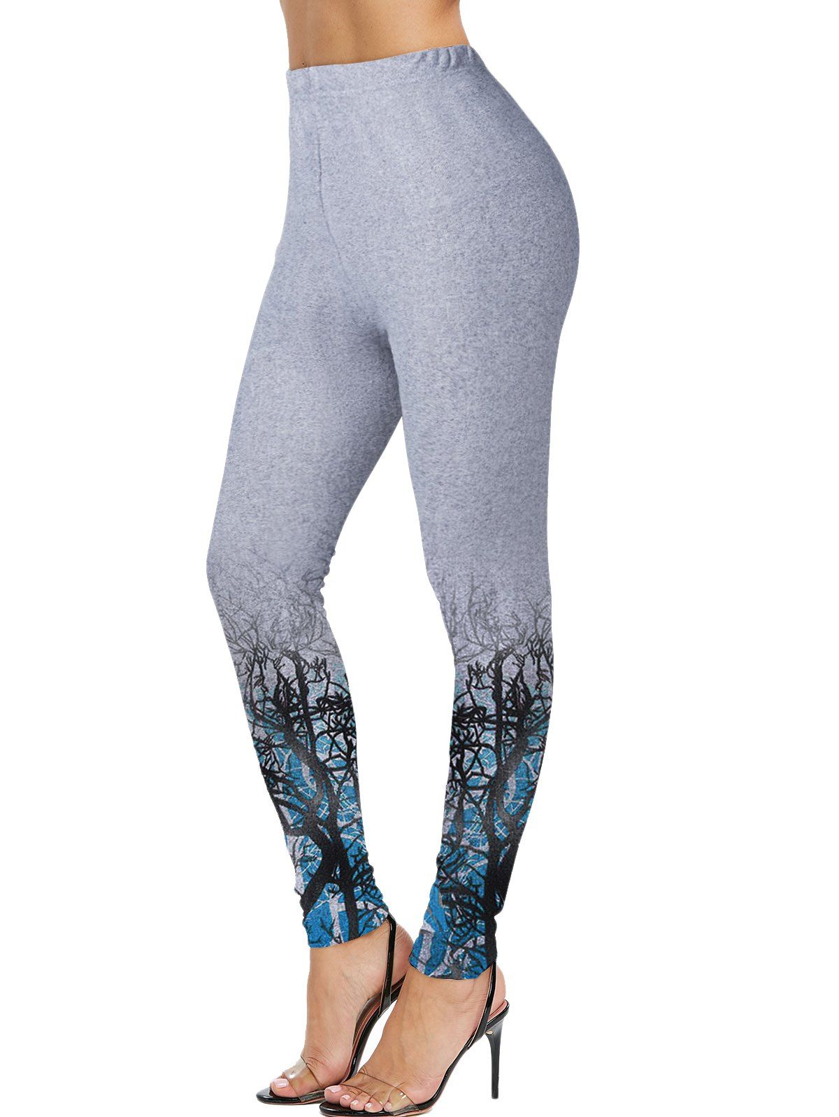 

High Waist Tree Print Skinny Pants, Cadetblue