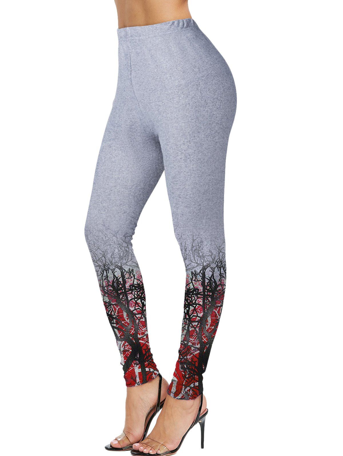 

High Waist Tree Print Skinny Pants, Red wine