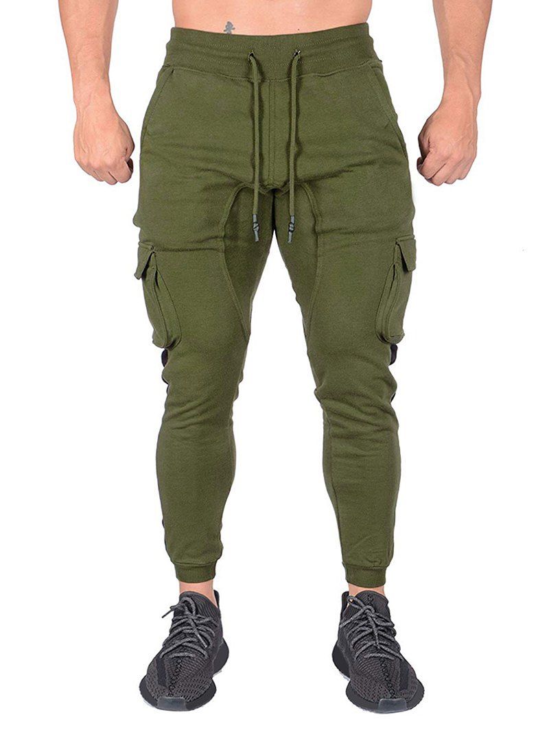 

Contrast Trim Splicing Flap Pocket Sport Jogger Pants, Army green