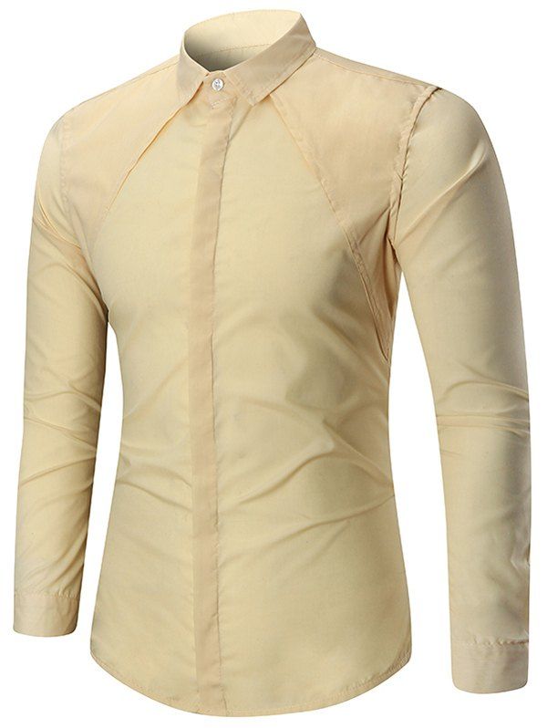 

Long Sleeve Solid Color Button Slim Fit Shirt, Khaki