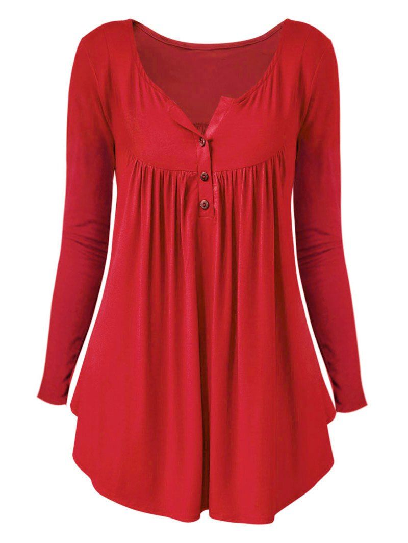 

Plus Size Long Sleeve Half Button T Shirt, Red