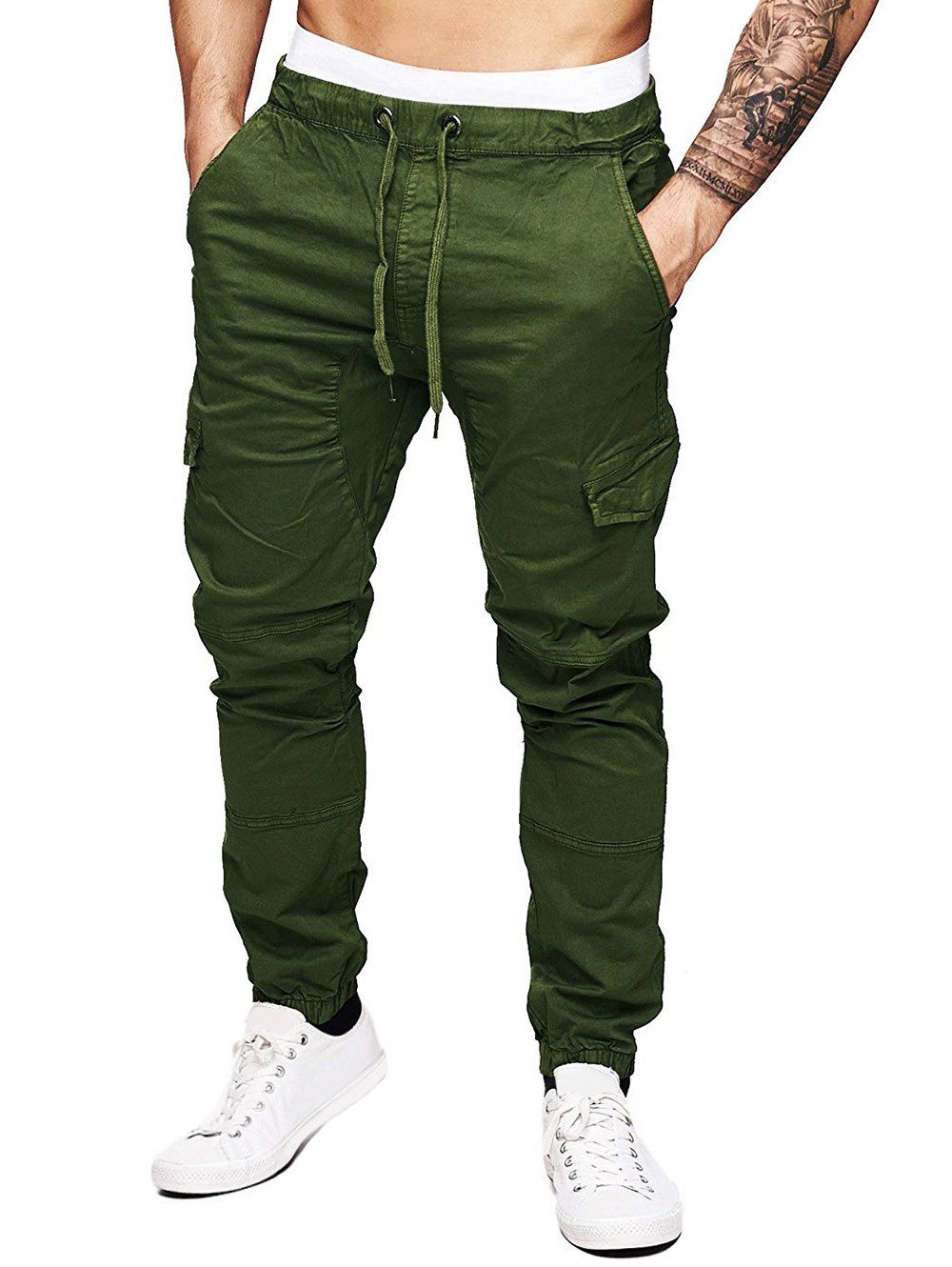 

Solid Color Splicing Faux Back Pocket Casual Jogger Pants, Army green