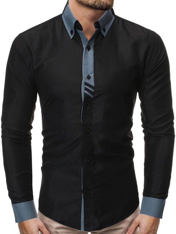 

Color Spliced Button Up Casual Long-sleeved Shirt, Black