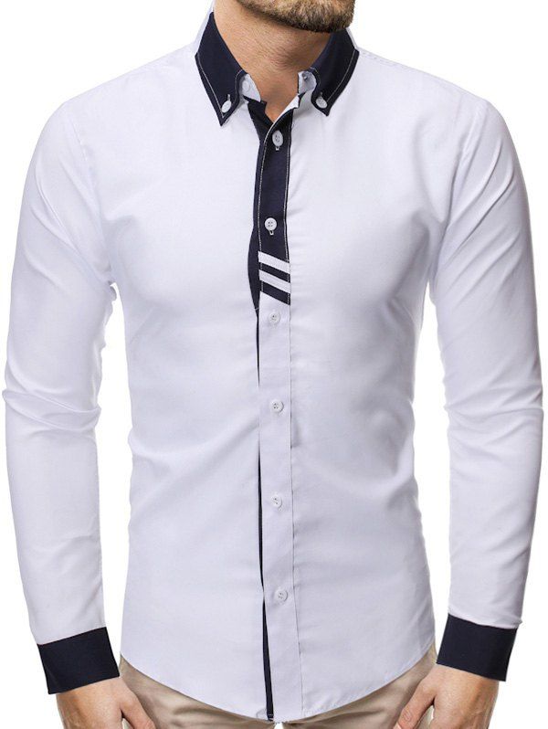 

Color Spliced Button Up Casual Long-sleeved Shirt, White