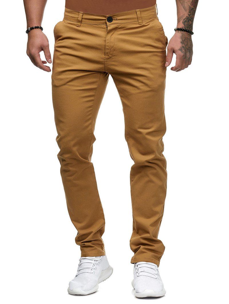 

Solid Color Zip Fly Casual Pants, Cookie brown