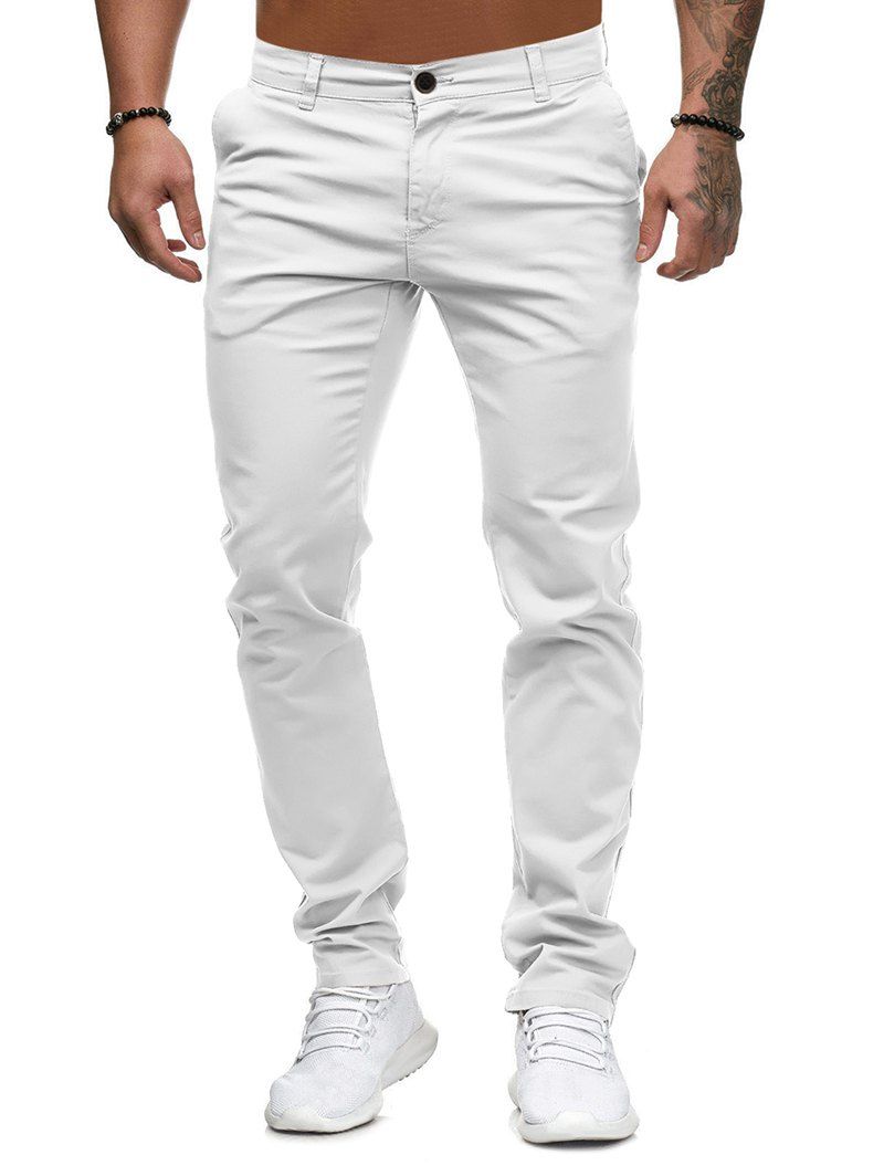 

Solid Color Zip Fly Casual Pants, White