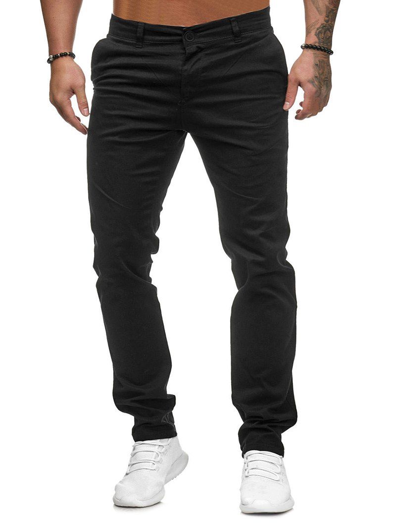 

Solid Color Zip Fly Casual Pants, Black