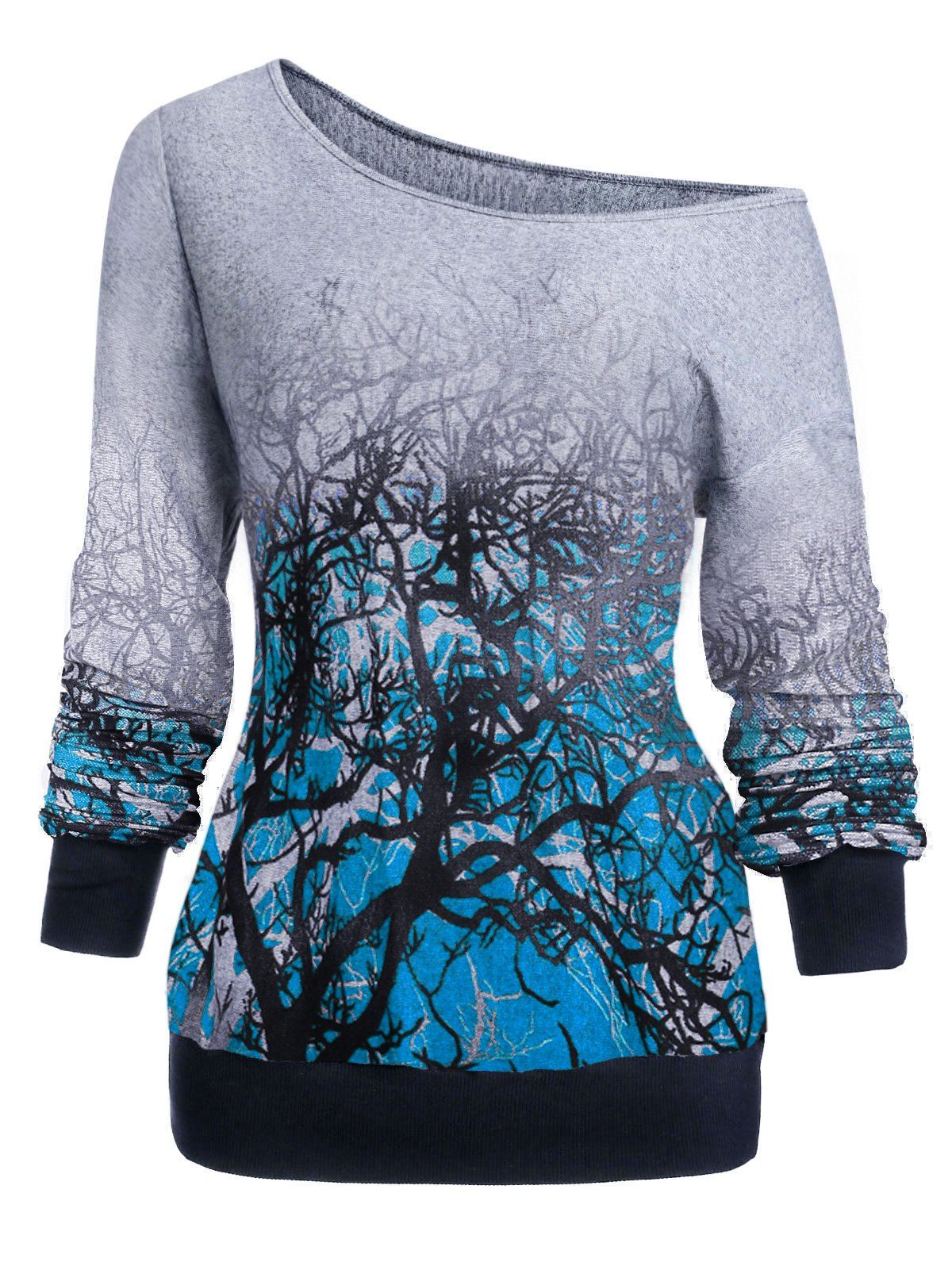 

3D Tree Print Skew Neck Gothic Halloween Sweatshirt, Cadetblue