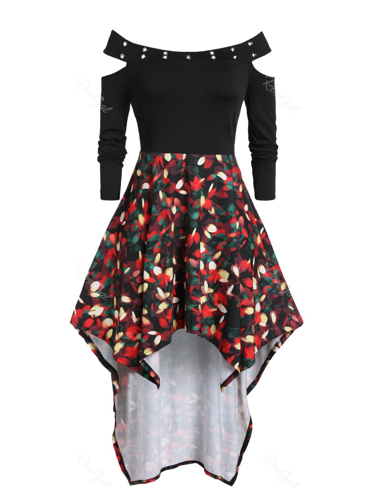 

Plus Size Grommet Off Shoulder High Low Floral Midi Dress, Black