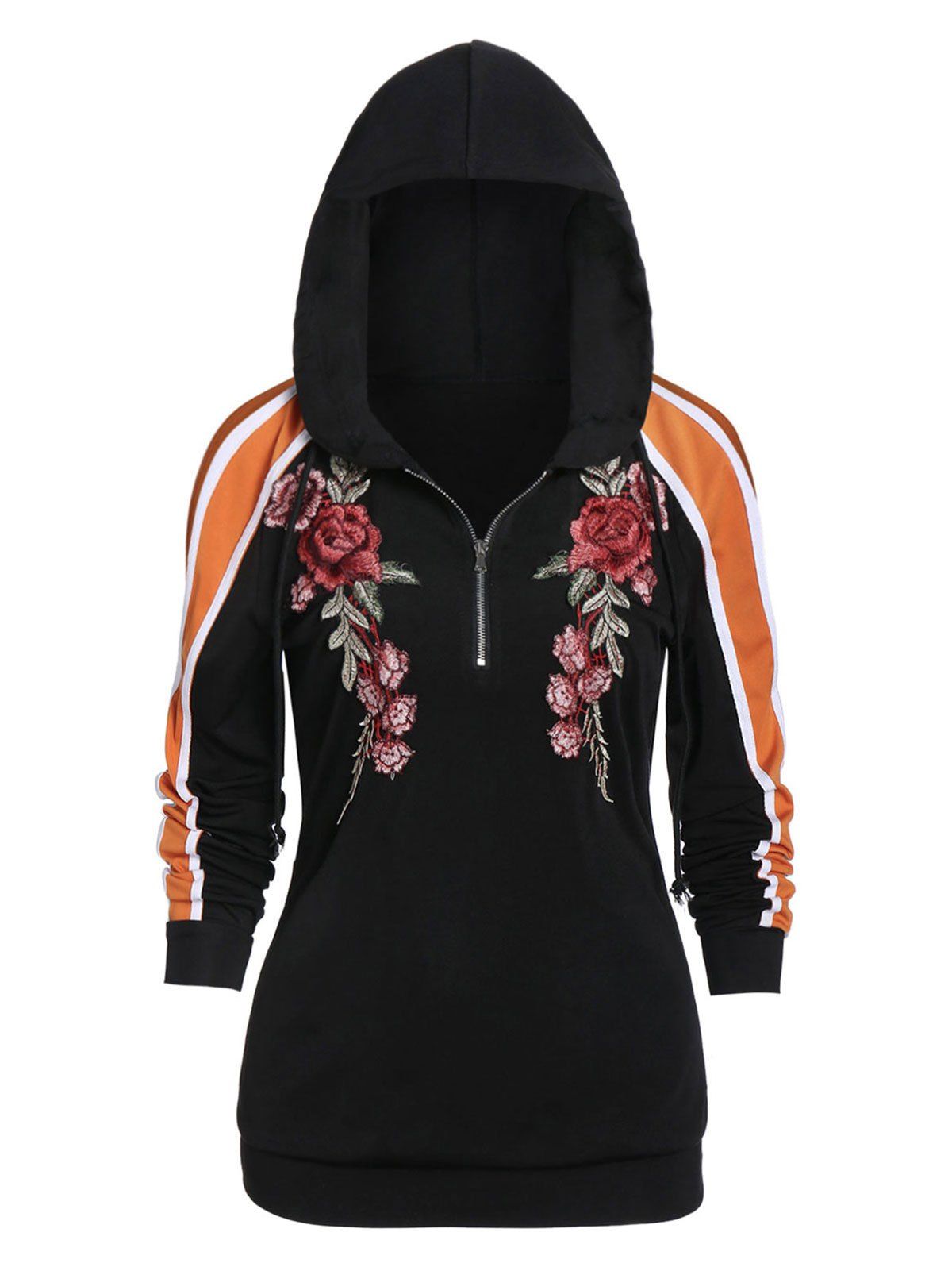 

Zippered Long Sleeve Embroidered Hoodie, Black