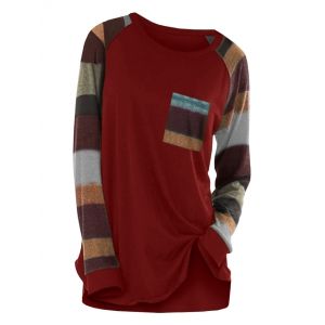 

Raglan Sleeve Striped Pocket Longline T-shirt, Red wine