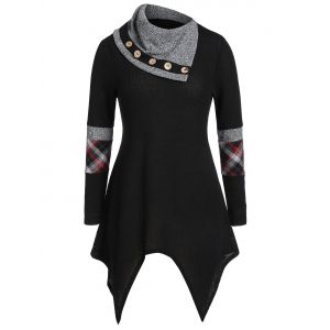 

Plus Size Asymmetrical Plaid Panel Cowl Neck Handkerchief Sweater, Multi