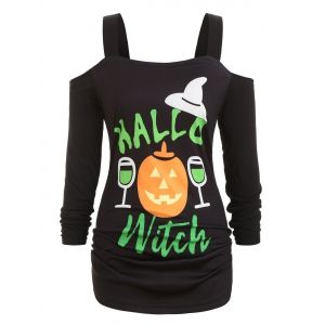 

Plus Size Cold Shoulder Printed Halloween Graphic T Shirt, Black