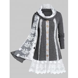 

Plus Size Contrast Lace Space Dye Knit Top With Scarf, Dark gray