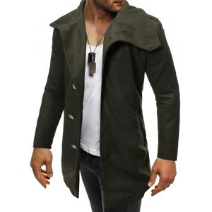 

Solid Color Button Zipper Hem Woollen Coat, Army green