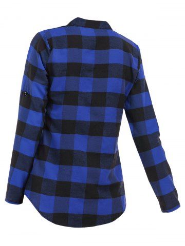 

Plaid V Neck Roll Up Sleeve Blouse, Cobalt blue