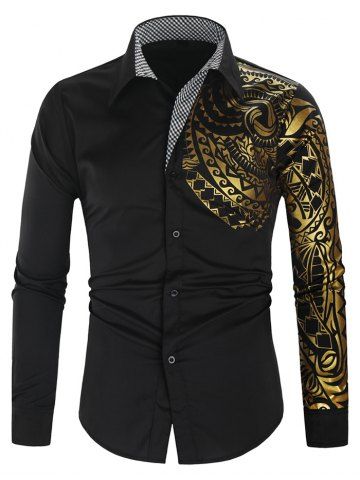 

Glitter Totem Pattern Plaid Print Long Sleeve Shirt, Black