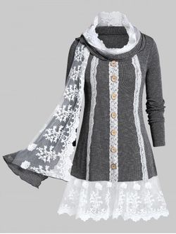 Plus Size Contrast Lace Space Dye Knit Top With Scarf - DARK GRAY - 4X