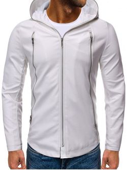 Solid Color Zipper Faux Leather Hooded Jacket - WHITE - XL