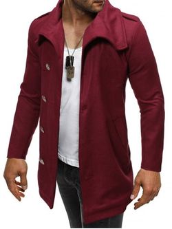 Solid Color Button Zipper Hem Woollen Coat - RED WINE - 2XL