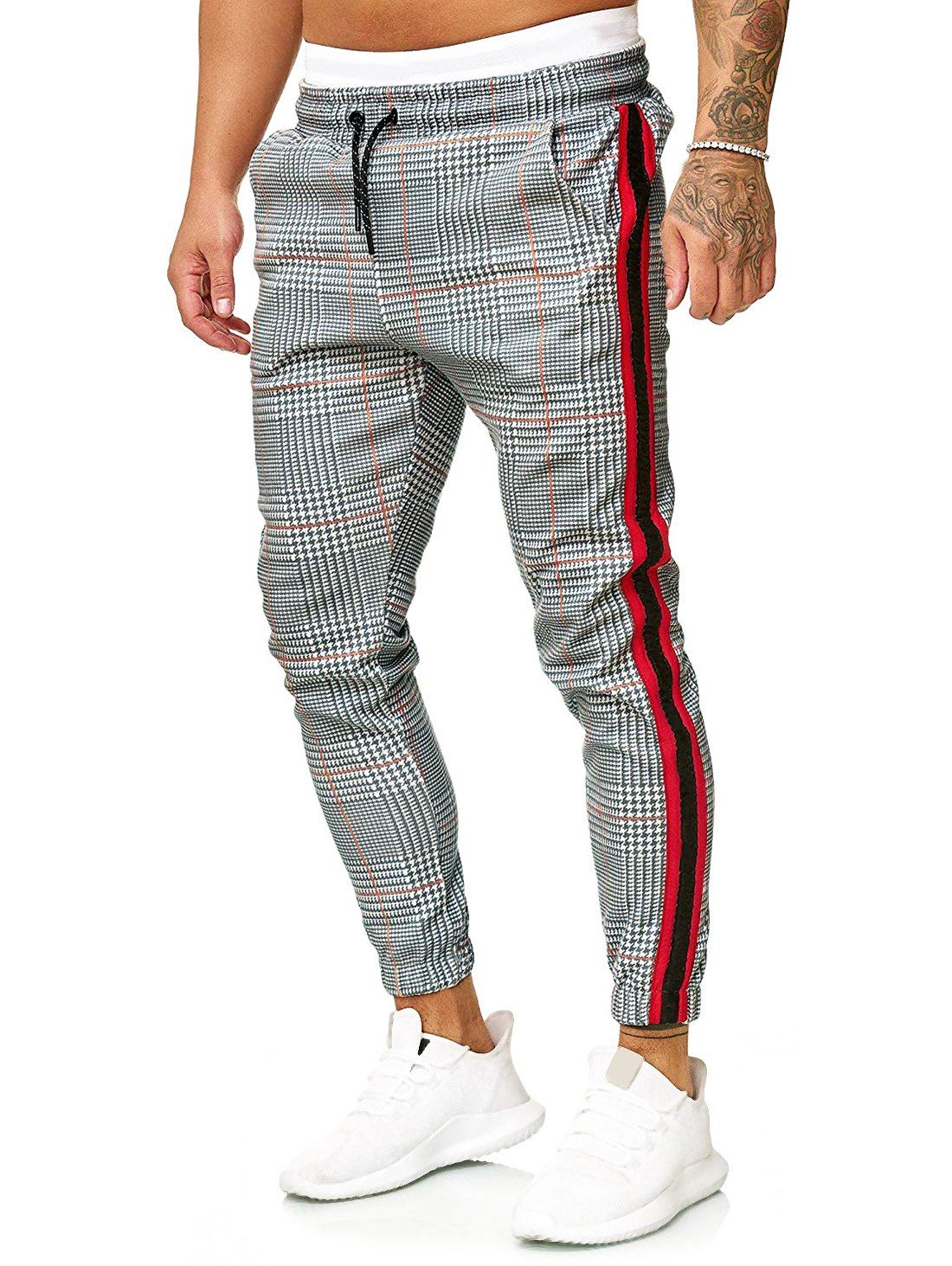 

Contrast Striped Spliced Pattern Graphic Print Casual Jogger Pants, Light gray