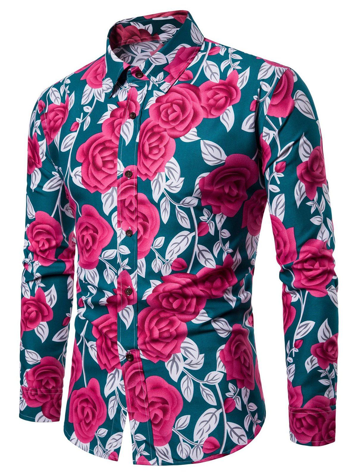 

Floral Print Button Down Long Sleeve Shirt, Medium sea green