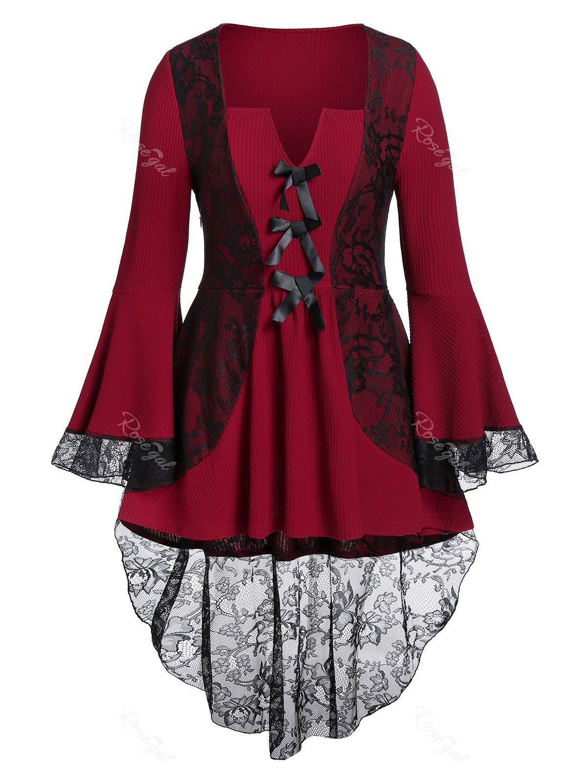 

Plus Size Flare Sleeve Contrast Lace Bowknot High Low Top, Red wine