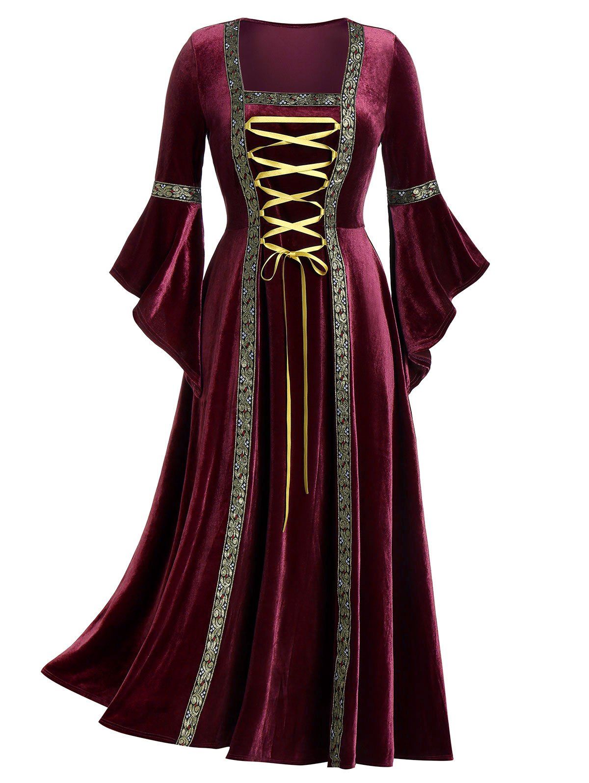 

Plus Size Flare Sleeve Lace Up Velvet Gothic Maxi Dress, Red wine