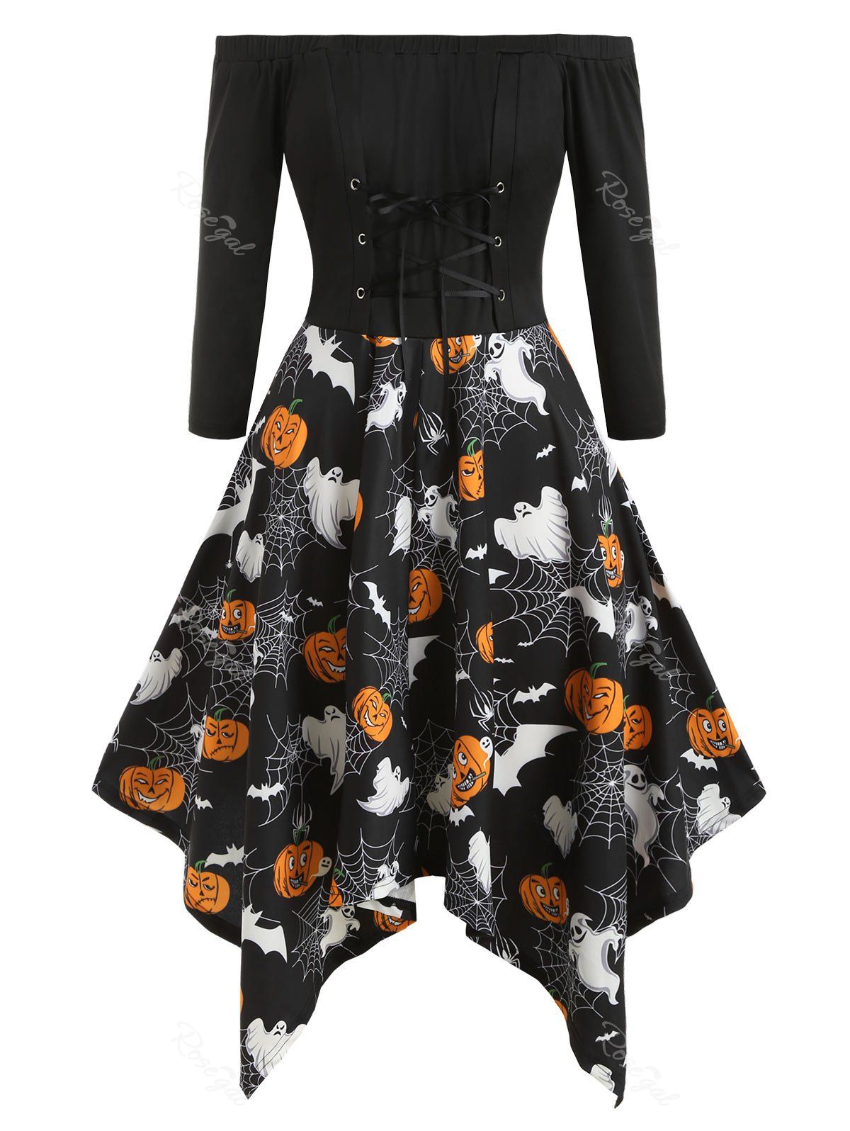 

Lace Up Pumpkin Cobwebs Halloween Off Shoulder Plus Size Dress, Black